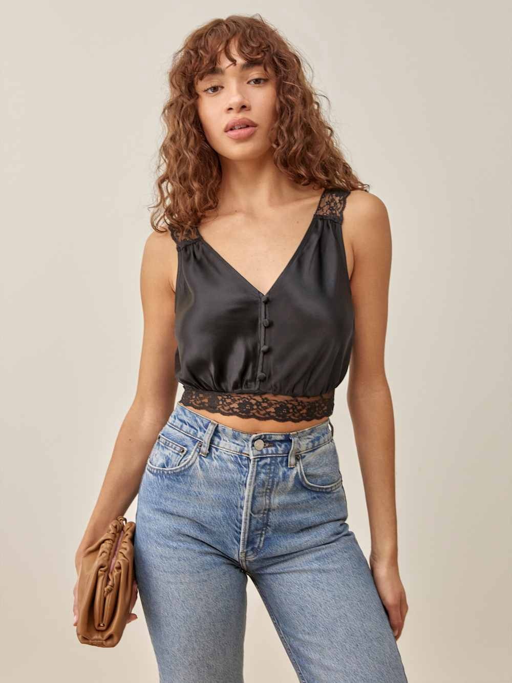Reformation 100% Silk Axton Top Sz 6 Black